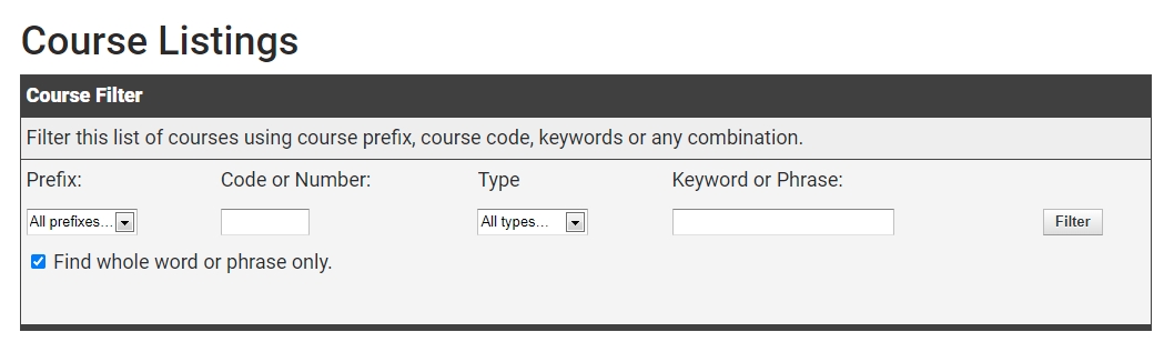 Course filter on the Course Listings page